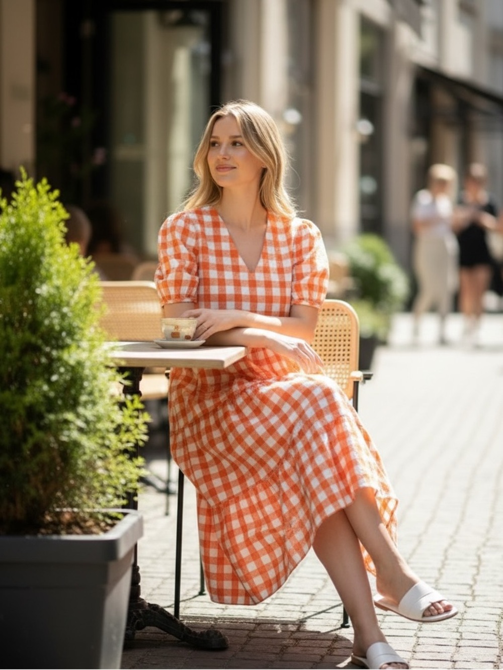 English Factory Orange and White Gingham puff sleeve midi dress size small